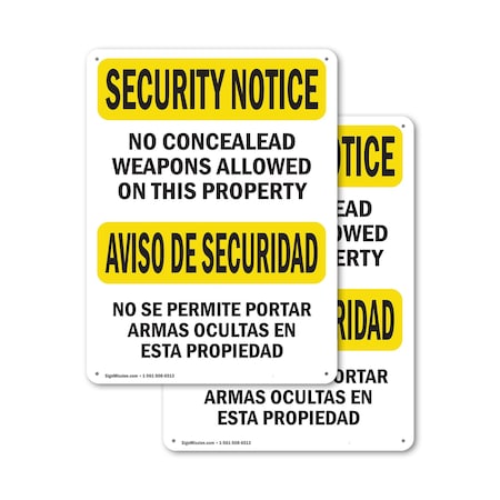 Signmission No Concealed Weapons Bilingual OSHA Security Notice Sign, Plastic, 10in W x 14in L, 2PK OS-2PACK-SN-P-1014-L-11584